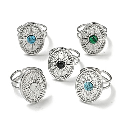 Нержавеющая Сталь Цвет 304 открытые манжеты из нержавеющей стали, Овальные кольца со звездочкой на пальце из синтетического малахита и бирюзы для женщин и мужчин, цвет нержавеющей стали, регулируемый