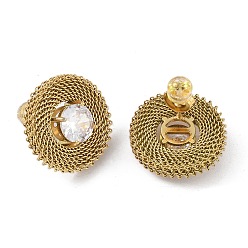 Clear 304 Stainless Steel Pave Cubic Zirconia Twisted Chain Disc Stud Earrings for Women, Golden, Clear, 20.5mm