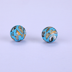 Teal Printed Round with Animal Silicone Focal Beads, Teal, 15x15mm, Hole: 2mm