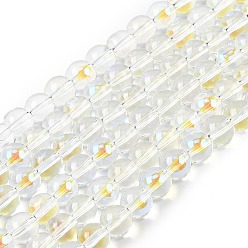 Прозрачный АВ Стеклянные бусины с гальваническим покрытием , с покрытием цвета радуги, круглые, ясно AB, 7.5x8.5 мм, отверстие : 1 мм, около 100~104 шт / нитка, 70~74 см