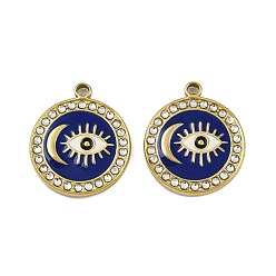 Настоящее золото 18K 304 нержавеющей стальной эмали подвески, со стразами, ионное покрытие (ip), плоский круглый с подвесками в виде луны и глаза, реальный 18 k позолоченный, 19x16.5x2.5 мм, отверстие : 2 мм