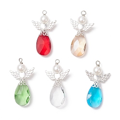 (52) Непрозрачная лаванда Кулоны из граненого стекла, ангел, с круглыми бусинами из искусственного жемчуга из АБС-пластика, бусинами Angeltee из сплава и петлей, разноцветные, 41x21.5x8 мм, отверстие : 2 мм