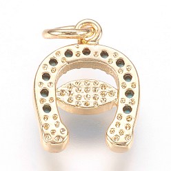Golden Brass Micro Pave Cubic Zirconia Charms, Real 18K Gold Plated, Horseshoe with Evil Eye, 13x10x2.5mm, Hole: 3mm