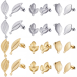 Golden & Stainless Steel Color 36Pcs 6 Styles 304 Stainless Steel Stud Earring Findings, with Loop and Ear Nuts/Earring Backs, Leaf, Golden & Stainless Steel Color, 13.5~19x8mm, Hole: 1mm, Pin: 0.7mm, 6pcs/style