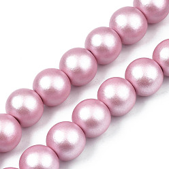 Pink Painted Natural Wood Beads Strands, Round, Pink, 15~16x14~15mm, Hole: 3.5~4.5mm, about 25pcs/strand, 14.25 inch~14.33 inch(36.2cm~36.4cm)