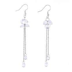 Clear Dangle Earrings, Cluster Earrings, with Cubic Zirconia Charms, Brass Earring Hooks and 304 Stainless Steel Cable Chains, Clear, 85mm