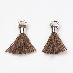 Кокосово-Коричневый Кулон с кисточкой из поликоттона (полиэстер), мини-кисточка, с латунными застежками и железными кольцами, платина, кокосового коричневый, 10~15x3~4 мм, отверстие : 2 мм