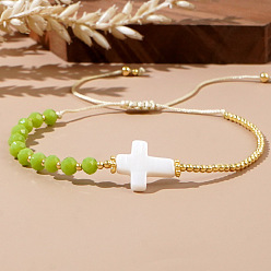 Нефрит Винтажные богемные браслеты из ракушек и нефритовых бусин в виде крестов., регулируемые браслеты шнур, 11.02 дюйм (28 см)