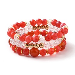Carnelian Multi-layered Stretch Beaded Bracelets Sets, Stackable Bracelets, with Natural Carnelian(Dyed & Heated) Beads, Imitation Gemstone Acrylic Beads, Glass Beads, Non-magnetic Synthetic Hematite Beads and CCB Plastic Beads, Round, Inner Diameter: 2 inch(5.2cm), 3pcs/set