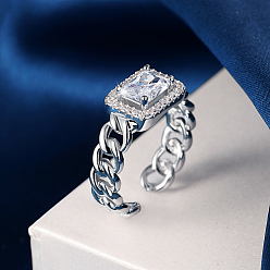 Clear Platinum Brass Micro Pave Cubic Zirconia Open Cuff Rings, Rectangle, Clear, no size