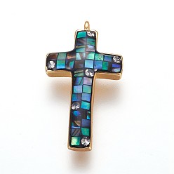 Black Brass Enamel Pendants, with Freshwater Shell and Micro Pave Cubic Zirconia, Cross, Golden, Black, 24.5x13x3mm, Hole: 1.2mm