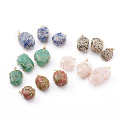 Mixed Stone Natural Mixed Gemstone Pendant, with Real 18K Gold Plated Eco-Friendly Copper Wire Copper Beading Wire Findings, Nuggets, 27.5x18x12mm, Hole: 3mm