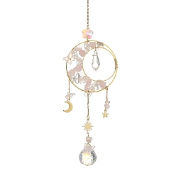 Cuarzo Rosa Atrapasueños de cuarzo rosa natural y latón con dije de sol, luna y estrella de acero inoxidable., Prisma redondo de cristal para colgar en la ventana, ideal para la decoración del hogar y el jardín., 304 mm