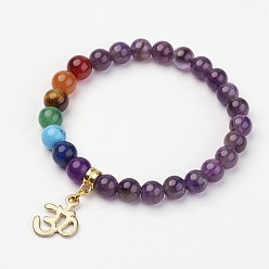 Аметист Браслеты из абазонита из бисера, драгоценный камень бисером браслеты шарма, со сплавочной фурнитурой, ом символ, 2 дюйм (50~53 мм)