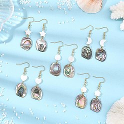 Golden Natural Freshwater Shell & Paua Shell 304 Stainless Steel Dangle Earrings for Women, Mixed Shapes, Golden, 55~60x16~16.5mm