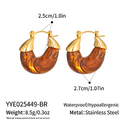 Saddle Brown 304 Stainless Steel Resin Huggie Hoop Earrings for Women, Real 18K Gold Plated, Saddle Brown, 27x25mm
