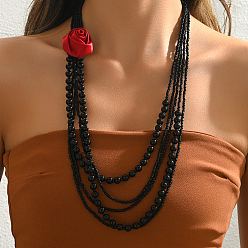 Черный Элегантные пластиковые многослойные бусины с красным цветком подвески ожерелья для женщин, чёрные, 27.76 дюйм (70.5 см)