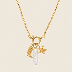 Real 18K Gold Plated Ocean 304 Stainless Steel Boot Starfish Pendant Necklaces with Imitation Pearl, White, Real 18K Gold Plated, 16.54 inch(42cm)