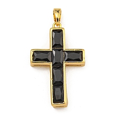 Черный Стойки обшивки латунные подвески, со стеклом, долговечный, реальный 18 k позолоченный, крестик, чёрные, 28.5x18x4 мм, отверстие : 3.5x2.5 мм