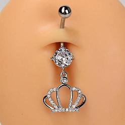 Crown 304 Кольца для живота в форме изогнутой штанги из нержавеющей стали с прозрачным кубическим цирконием, серебряный цвет гальваническим, корона, 39 мм