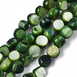 Зеленый Естественных пресноводных оболочки бисер нитей, окрашенные, самородки, зелёные, 6~7x5~7x2~7 мм, отверстие : 0.8 мм, около 58~62 шт / нитка, 14.57~15.35 дюйм (37~39 см)