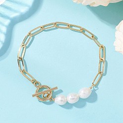 Белый Браслеты из натурального культивированного пресноводного жемчуга и латунной цепочки в виде скрепки для женщин., белые, 7.36 дюйм (18.7 см)