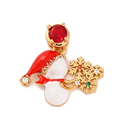 Снеговик Рождественские тематические латунные подвески с микропаве и кубическим цирконием, без никеля , с эмалью, реальный 18 k позолоченный, снеговик, 17.5x22.5x4 мм, отверстие : 4.5x2.5 мм