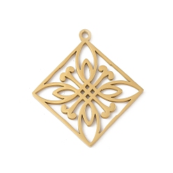 Золотой 304 подвески из нержавеющей стали, ромб с цветком, полый, золотые, 32.5x29.5x1.5 мм, отверстие : 1.5 мм