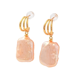 Real 18K Gold Plated Rectangle Natural Pearl Stud Earrings for Women, Sterling Silver Dangle Earrings, Real 18K Gold Plated, 33~34x13~13.4mm