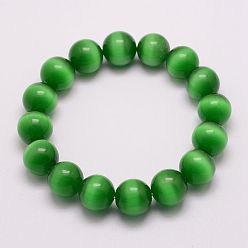 Зеленый Кошка глаз бисер стрейч браслеты, круглые, зелёные, 1-7/8 дюйм (49 мм)