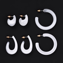 White C-shape Resin Stud Earrings Set, Half Hoop Earrings, Open Hoop Earrings for Women, White, 23~40.5x6~14mm, Pin: 0.7mm, 3 pairs/set