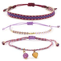 Сливовый 3 шт. 3 стильный регулируемый браслет из нейлонового шнура в богемном стиле, браслет из стеклянных бусин и 304 набор браслетов с подвесками в виде сердечек из нержавеющей стали для женщин, слива, 11.02 дюйм (28 см)