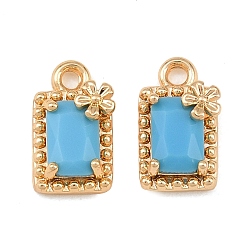 Chapado en Oro Real 18K Dijes de latón con circonitas cúbicas de color azul cielo intenso, rectángulo con dijes de flores, real 18 k chapado en oro, 11x6x4 mm, agujero: 1.2 mm