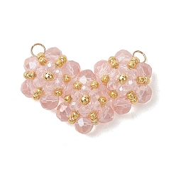 Pink Стеклянные подвески, шарма сердца, с 304 открытыми соединительными кольцами из нержавеющей стали и бусинами, граненые, розовые, 22x33~33.5x7~8 мм, отверстие : 3 мм