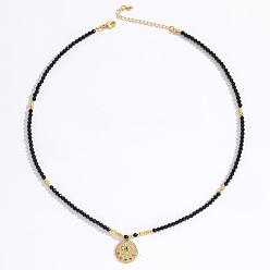 Обсидиан Кулон из нержавеющей стали в виде сглаза, ограненные круглые бусы из натурального обсидиана для женщин, ионное покрытие (IP)., золотые, 15.75 дюйм (40 см)