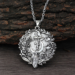 Плоский Круглый Ожерелья с подвесками из цинкового сплава в тибетском стиле для женщин, античное серебро, плоский круг с метлой, 19.69 дюйм (50 см)