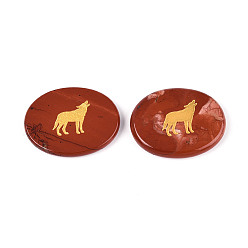 Красный Камень Природного красной яшмы кабошон, овал с выгравированным золотым узором в виде волка, 44~45.5x34~36x6~7.5 мм