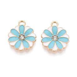Небесно-голубой Подвески из сплава с гальваническим покрытием, стразами и эмалью., , золотые, без кадмия, без никеля и без свинца, голубой, 20.5x17x2.5~3 мм, отверстие : 3 мм