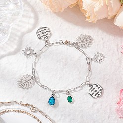 Нержавеющая Сталь Цвет Солнце и лист 304 браслеты с подвесками из нержавеющей стали для женщин, с латунным и стеклянным шармом, цвет нержавеющей стали, 8-1/4 дюйм (21 см)