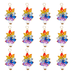 Разноцветный 12шт. Акриловые подвески на тему чакры, рождественская елка, с золотистым оттенком 304 петля из нержавеющей стали и латунные бусины, красочный, 41x18 мм, отверстие : 4x4.5 мм