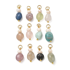 Golden Natural Mixed Stone Pendants, Nuggets Charms with Natural Freshwater Pearl, Mixed Dyed and Undyed, Golden, 17.5~20x8~9x6~8mm, Hole: 3.5mm