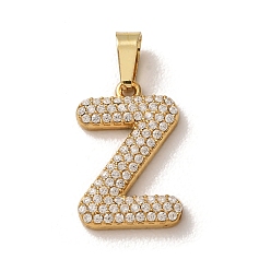 Letter Z 304 Stainless Steel Micro Pave Clear Cubic Zirconia Pendants, Letter Charms, Golden, Ion Plating(IP), Letter Z, 18x11.5x2.5mm, Hole: 6x2.5mm