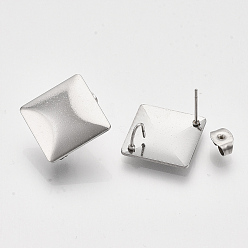 Нержавеющая Сталь Цвет Не тускнеет 304 фурнитура для сережек-гвоздиков из нержавеющей стали, с петлей и ушными гайками / серьгами, ромб, цвет нержавеющей стали, 20.5x20.5 мм, отверстие : 3.5x2 мм, длина стороны: 15 мм, штифты : 0.7 мм