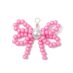 Pink Подвески из стеклянного бисера ручной работы, подвески-бантики со стеклянным жемчугом и петлями из медной проволоки, серебряный цвет гальваническим, розовые, 25.5x29.5x6.5 мм, отверстие : 2.5 мм
