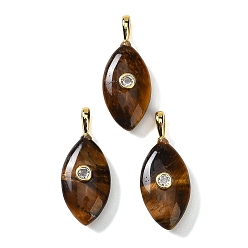 Ojo de Tigre Colgantes de ojo de tigre naturales, con detalles de latón dorado micro pavé de circonita cúbica transparente, dije con forma de ojo de caballo, 32~34x13.5~14.5x7.5~8 mm, agujero: 5x3 mm