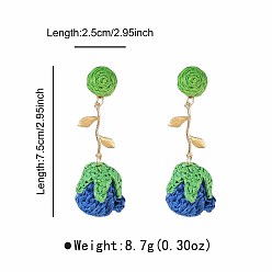 Dark Blue Bohemia Raffia & Alloy Stud Dangle Earrings, Flower, Golden, Dark Blue, 75x25mm