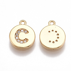 Letter C Brass Cubic Zirconia Charms, Flat Round with Letter, Nickel Free, Real 18K Gold Plated, Clear, Letter.C, 12x10x2mm, Hole: 1mm