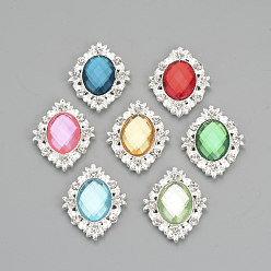 Mixed Color Alloy Rhinestone Flat Back Cabochons, with Acrylic Rhinestone, Oval, Silver Color Plated, Mixed Color, 32x25x4.5mm