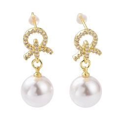 Золотой Серьги с подвесками из прозрачного кубического циркония и пластиковой жемчужиной, стеллаж для латунных украшений для женщин, без кадмия и без свинца, золотые, 30.5 мм, штифты : 1 мм