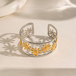 Golden & Stainless Steel Color 304 Stainless Steel Vintage Daisy Flower Hollow Open Cuff Bangles for Women, Golden & Stainless Steel Color, Inner Diameter: 2.36 inch(6cm)